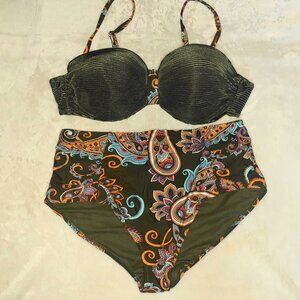 MERMAID SWIMWEAR 2 PIECE HIPSTER BATHINGSUIT PAISLEY RUCHED BIKINI-WOMENS SIZE L